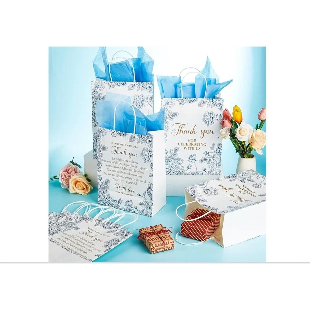 50 Pack Blue Toile Floral Thank You Paper Gift Bags Favors Wedding Bridal Shower